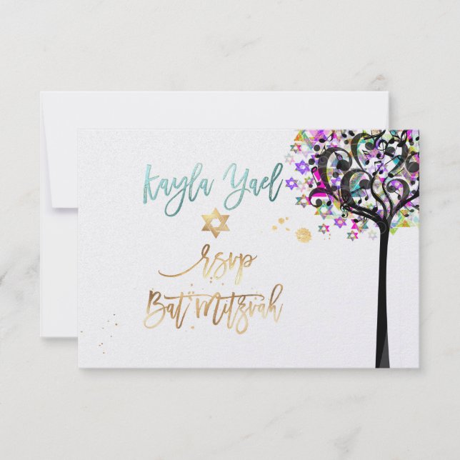 Invitación PixDezines RSVP Árbol de música de la vida Bat Mit (Anverso)