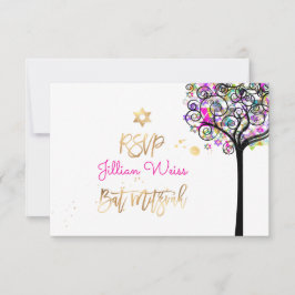 Invitación PixDezines RSVP Árbol de vida/Neon Bat Mitzvah ✡