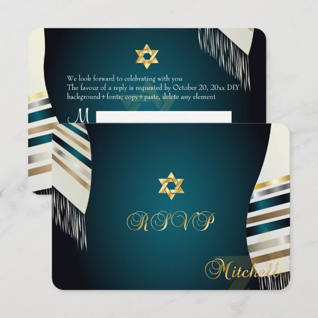 Invitación PixDezines RSVP Mitzvah/fondo verde azulado de luz (Anverso / Reverso)