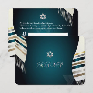 Invitación PixDezines RSVP Mitzvah/tallit teal/fondo personal