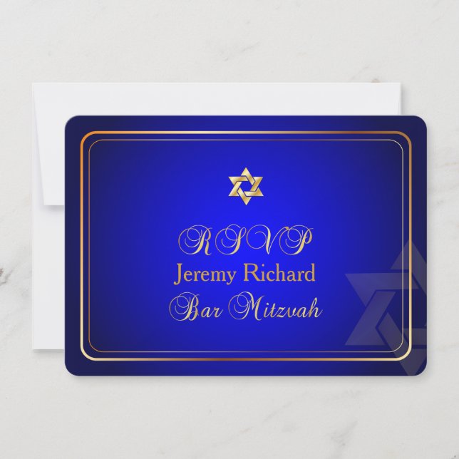 Invitación PixDezines rsvp Star, Bar Mitzvah/azul real+oro (Anverso)