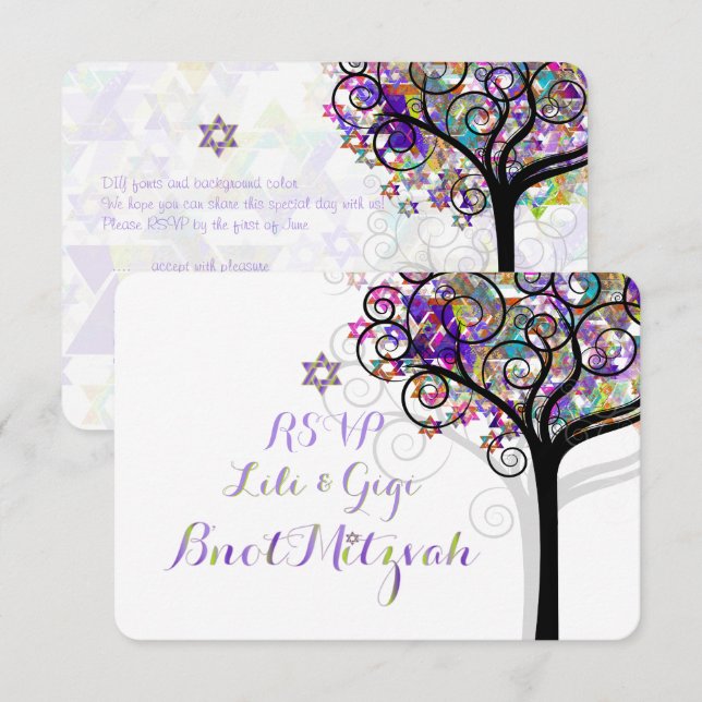 Invitación PixDezines RSVP TREE DE LIFE Bnot MITZVAH/PURPLE (Anverso / Reverso)