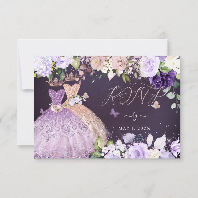 Invitación PixDezines RSVP Twins Quinceanera Rosa Gold Lilac (Anverso)