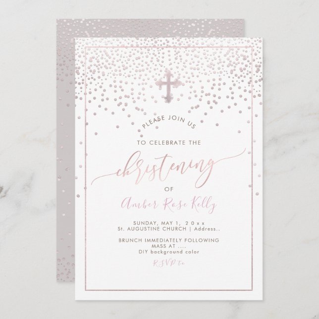 Invitación PixDezines Rubor Confetti/Christening/DIY Color (Anverso / Reverso)
