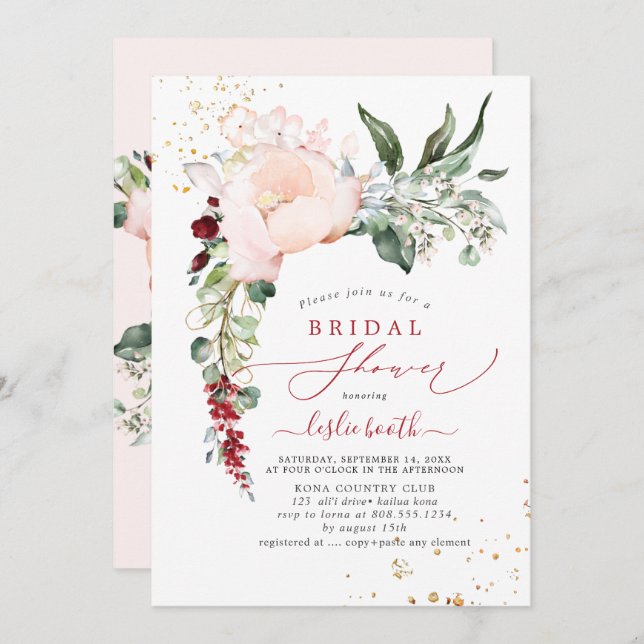 Invitación PixDezines Rubor Peony Bridal Shower (Anverso / Reverso)