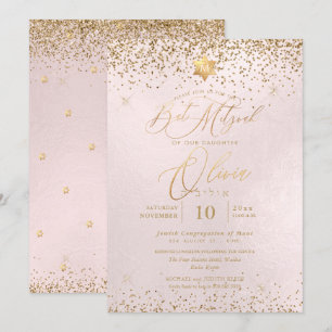 Invitación PixDezines Rubor Purpurina de oro rosa Bat Mitzvah