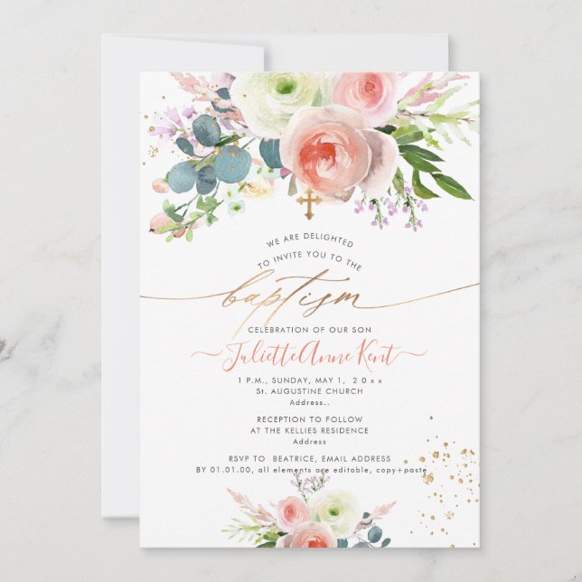 Invitación PixDezines Rubor Watercolor Peonies Bautismo (Anverso)
