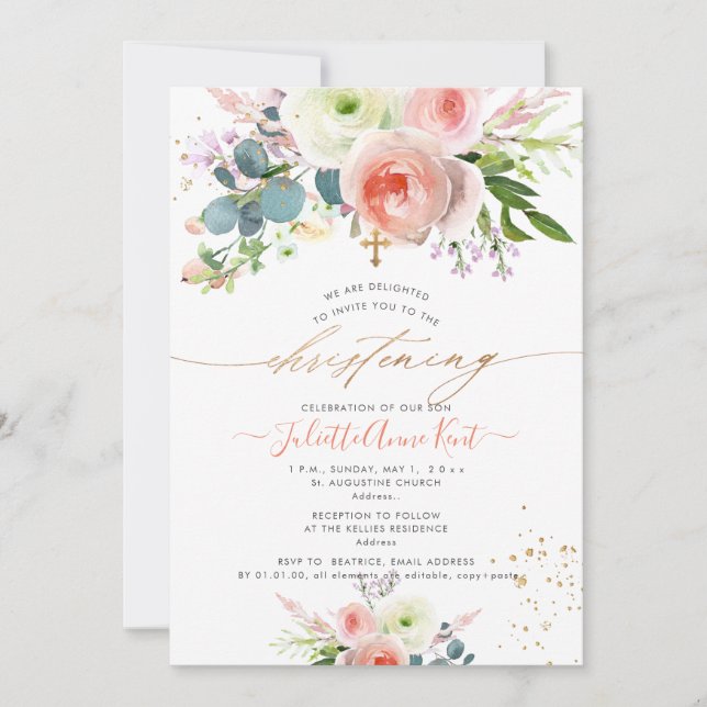 Invitación PixDezines Rubor Watercolor Peonies Christening (Anverso)