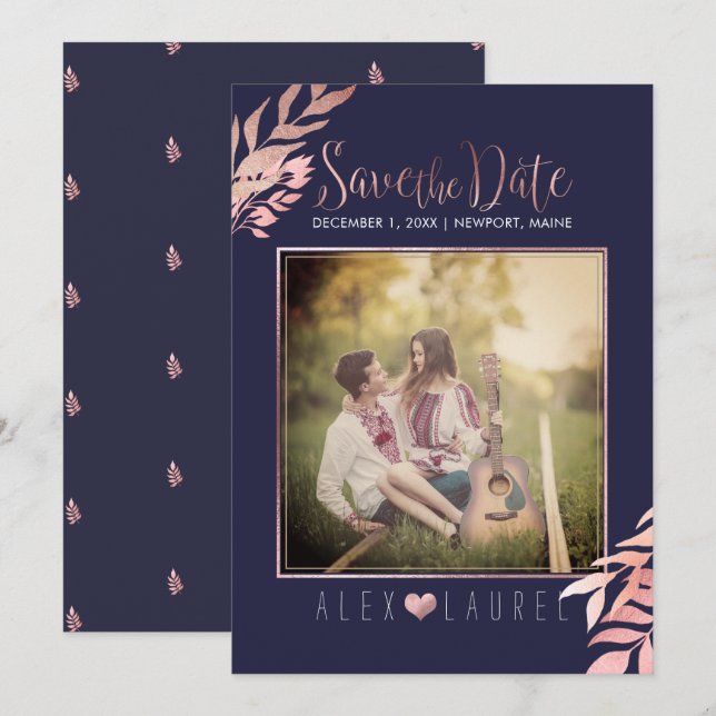 Invitación PixDezines Salva la fecha/Follaje de falso oro ros (Anverso / Reverso)