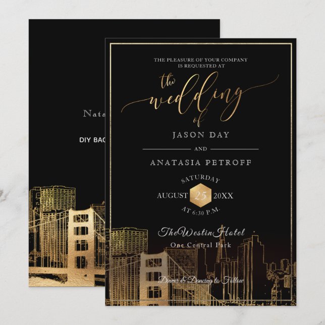 Invitación PixDezines San Fran Silueta/Oro Falso/DIY (Anverso / Reverso)