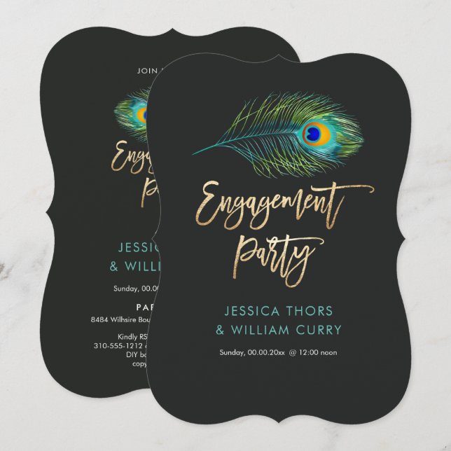Invitación PixDezines Shimmer Peacock Feather/Compromiso (Anverso / Reverso)
