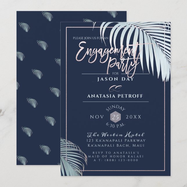 Invitación PixDezines Silver Palm Fronds, Partido de compromi (Anverso / Reverso)