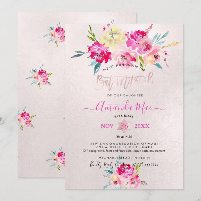 Invitación PixDezines Summer Peonies Watercolor Bat Mitzvah (Anverso / Reverso)