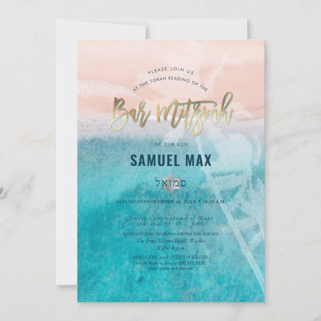 Invitación PixDezines surfea, palmeras, bar mitzvah de playa (Anverso)