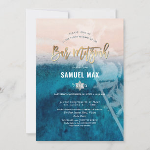 Invitación PixDezines surfea, palmeras, bar mitzvah en la pla