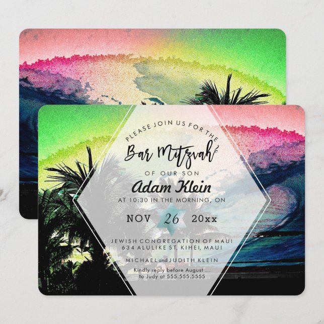 Invitación PixDezines Surfs Up Beach Bar Mitzvah (Anverso / Reverso)