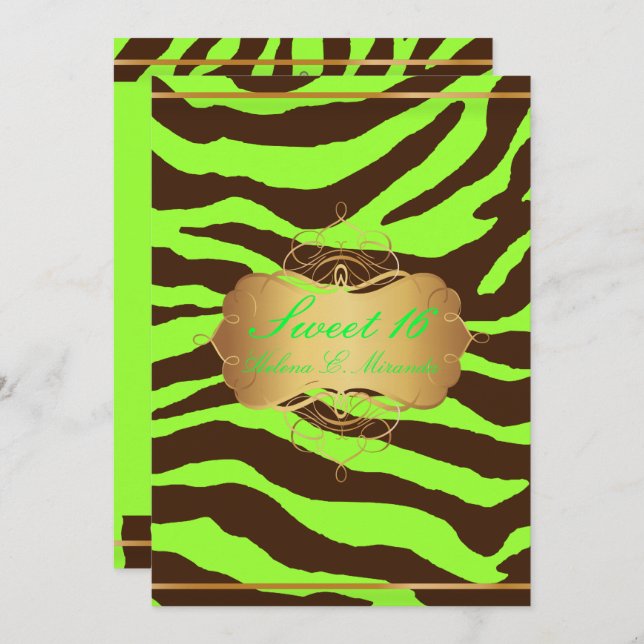 Invitación PixDezines SWEET 16/BROWN ZEBRA/DIY NEON VERDE (Anverso / Reverso)