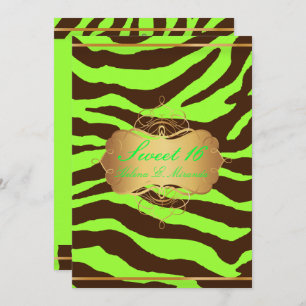 Invitación PixDezines SWEET 16/BROWN ZEBRA/DIY NEON VERDE