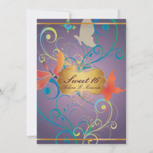 Invitación PixDezines Sweet 16/Butterfiles/Swirls/Dragonflies