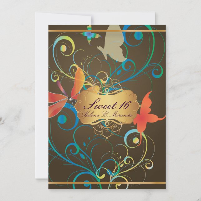 Invitación PixDezines Sweet 16/Butterfiles/Swirls/Dragonflies (Anverso)