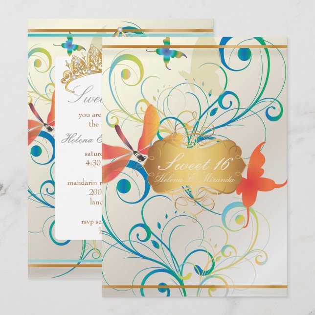 Invitación PixDezines SWEET 16/BUTTERFLIES/SWIRLS/DRAGONFLIES (Anverso / Reverso)