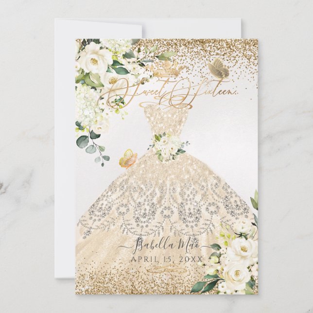 Invitación PixDezines Sweet 16 Champagne Purpurina de oro (Anverso)