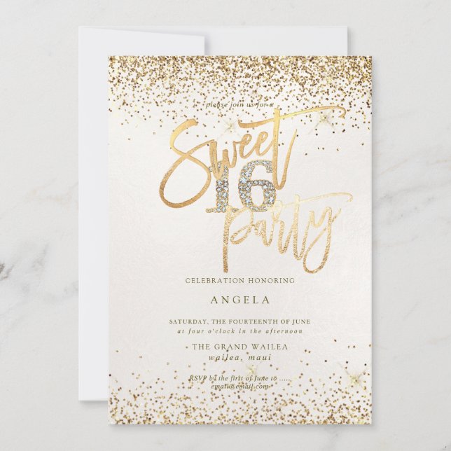 Invitación PixDezines Sweet 16 Diamond Pearl Gold Purpurina (Anverso)