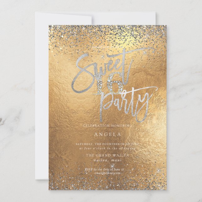 Invitación PixDezines Sweet 16 Diamond Silver Gold Purpurina (Anverso)