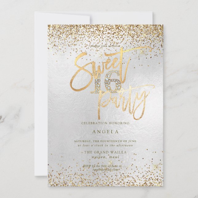 Invitación PixDezines Sweet 16 Diamond Silver Gold Purpurina (Anverso)