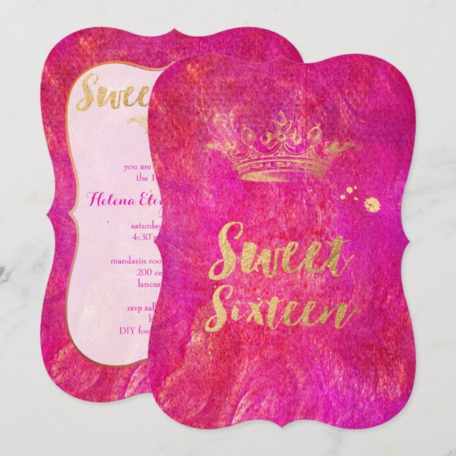Invitación PixDezines Sweet 16, Faux Gold Crown (Anverso / Reverso)