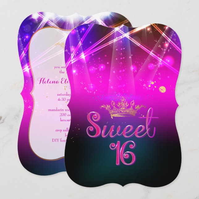 Invitación PixDezines Sweet 16, luces láser/luces de neón (Anverso / Reverso)