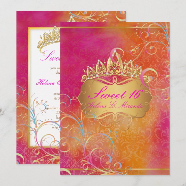 Invitación PixDezines SWEET 16, RAINBOW SWIRLS/ROSSI DAMASK (Anverso / Reverso)
