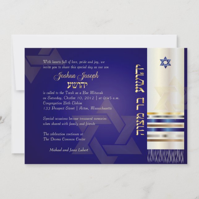 Invitación PixDezines talit/Stylish bar Mitzvah/blue/gold (Anverso)