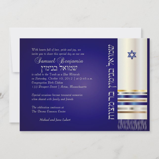 Invitación PixDezines talit/Stylish Bar Mitzvah/blue/silver (Anverso)