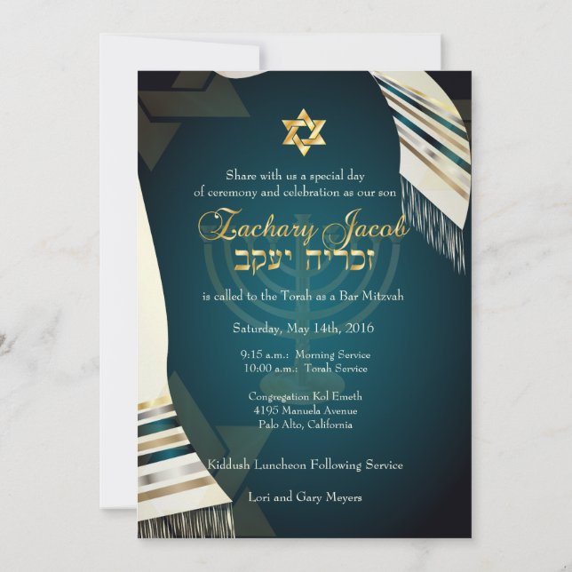 Invitación PixDezines Tallit Bar Mitzvah/Teal/Dorado (Reverso)