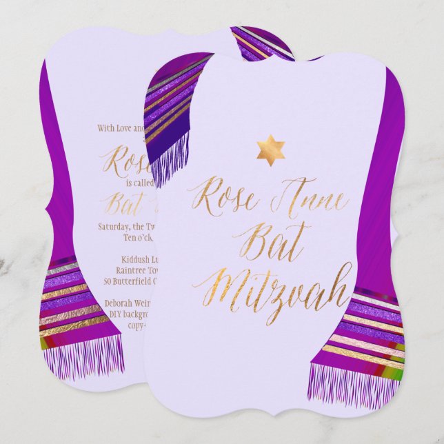 Invitación PixDezines Tallit/Magenta/Purple/Bat Mitzvah (Anverso / Reverso)
