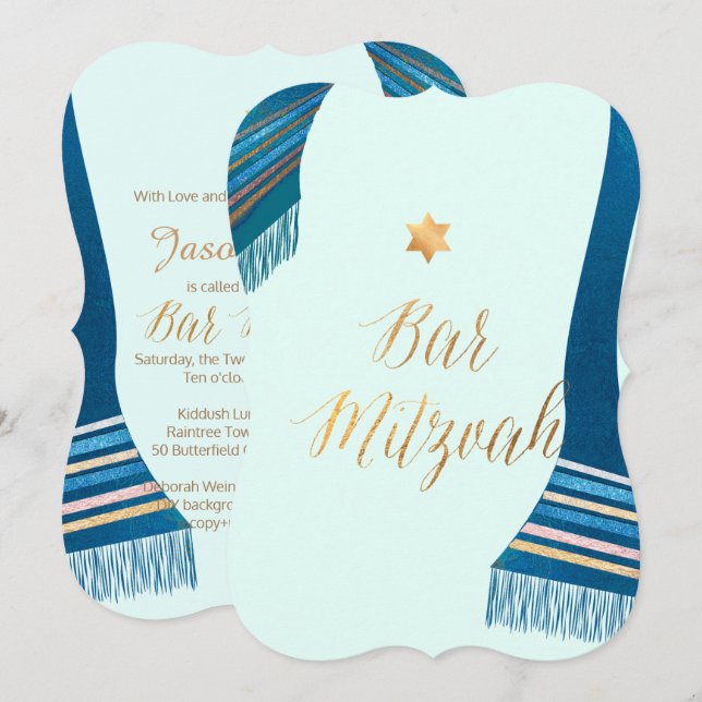 Invitación PixDezines Tallit/Mint/Verde azulado/Bar Mitzvah (Anverso / Reverso)