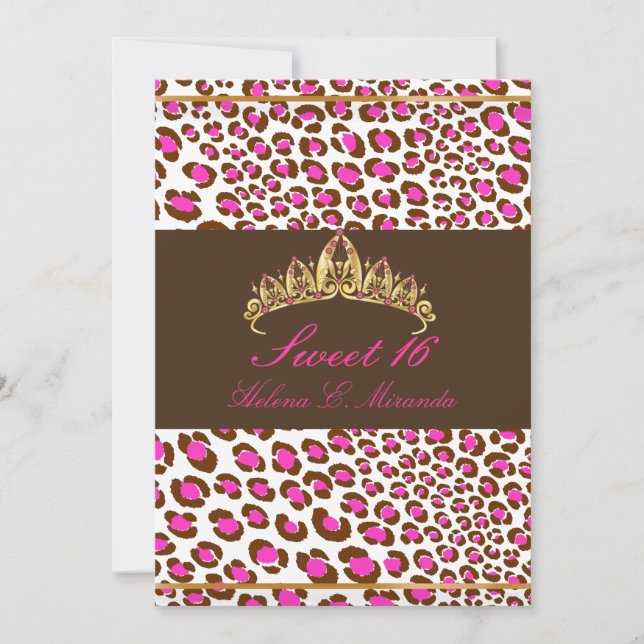 Invitación PixDezines Tiara+Leopard Sweet 16/chocolate rosa (Anverso)