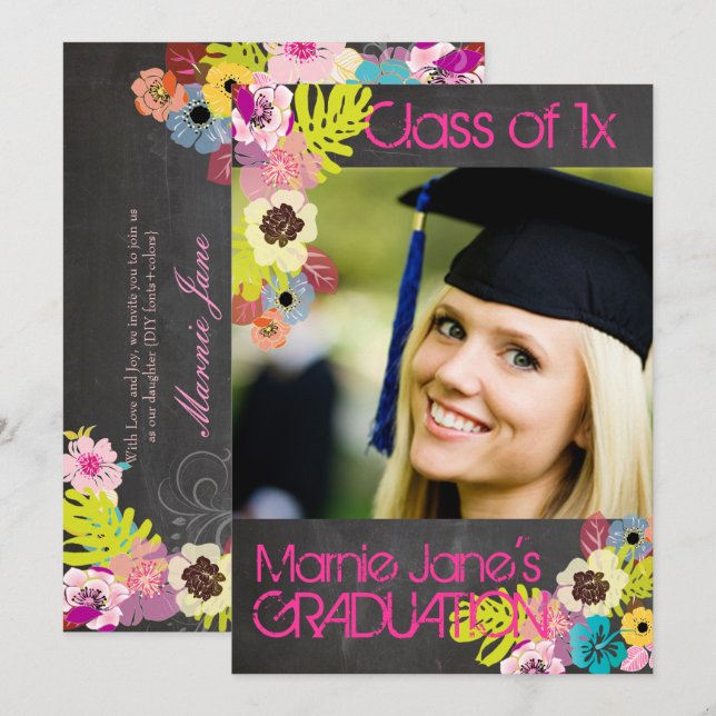 Invitación PixDezines tiza + graduación floral (Anverso / Reverso)