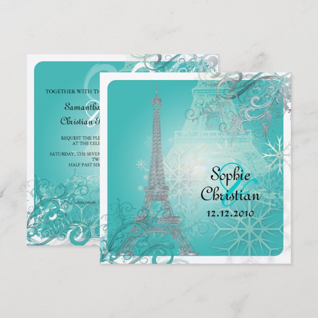 Invitación PixDezines Torre Eiffel Plateada Falsa/Verde Turqu (Anverso / Reverso)