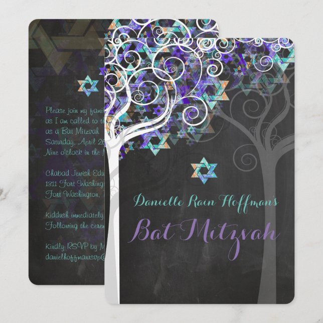 Invitación PixDezines Tree of Life Bat Mitzvah/Chalkboard (Anverso / Reverso)