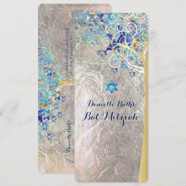 Invitación PixDezines Tree of Life Mitzvah/Relieve metalizado (Anverso / Reverso)