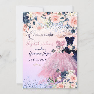 Invitación PixDezines Twins Quinceanera Navy Blue+Rubor