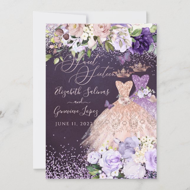 Invitación PixDezines Twins Sweet 16 Rosa Oro Dusty Purple I (Anverso)