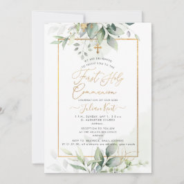 Invitación PixDezines Verde Dorado Eucalipto 1ra Santa Comuni