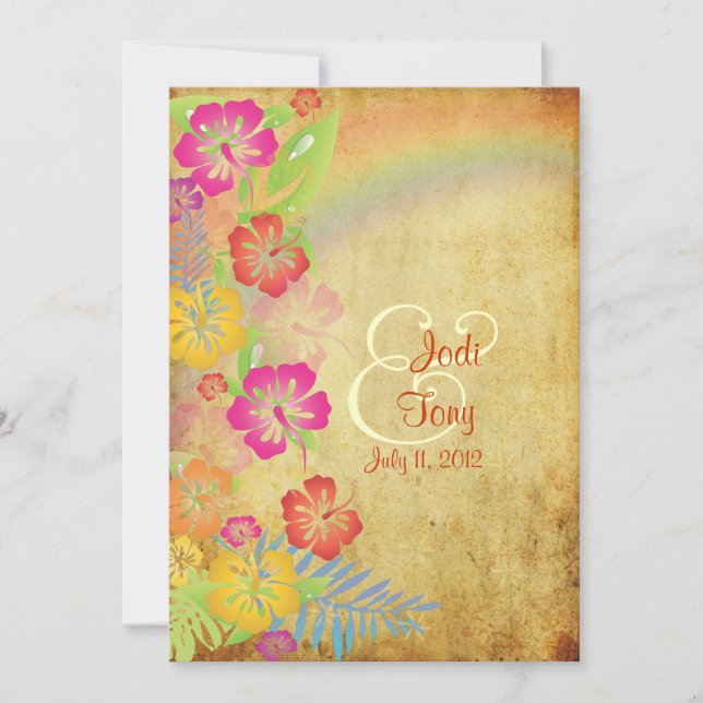 Invitación PixDezines vintage/Leis/Luau/hibiscus+arcoiris (Anverso)