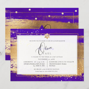 Invitación PixDezines VIOLET + GOLD BRUSHSTROKE Mitzvah