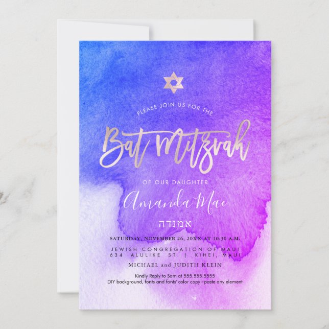 Invitación PixDezines Watercolor Azul+Bat Rosa Mitzvah (Anverso)
