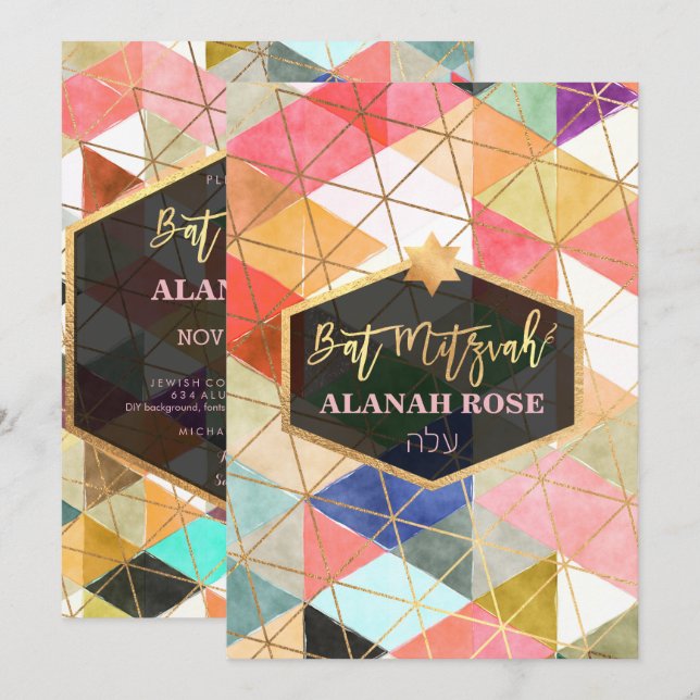 Invitación PixDezines Watercolor Bat Geométrico Mitzvah (Anverso / Reverso)