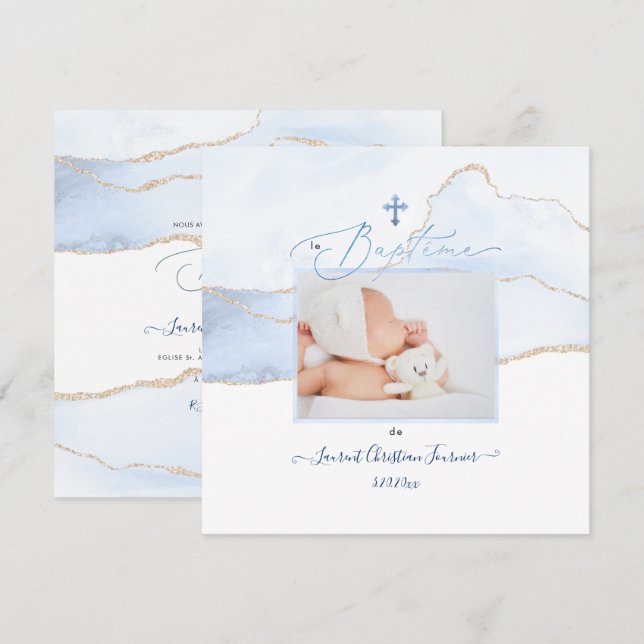 Invitación PixDezines Watercolor Bleue Agate, Baptême garçon (Anverso / Reverso)